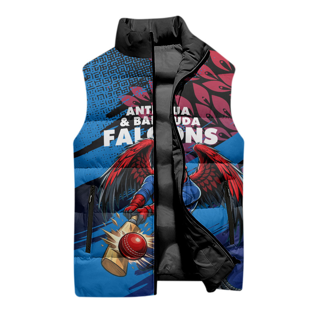 Personalized Antigua And Barbuda Cricket Sleeveless Puffer Jacket Falcons Mascot Sport Style