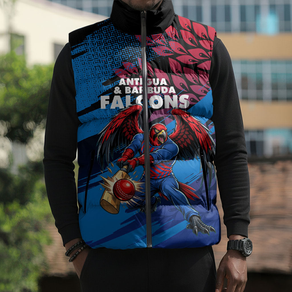 Personalized Antigua And Barbuda Cricket Sleeveless Puffer Jacket Falcons Mascot Sport Style