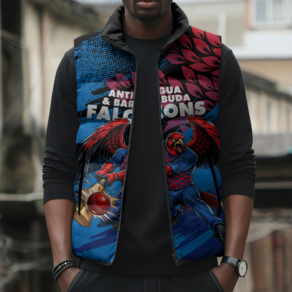 Personalized Antigua And Barbuda Cricket Sleeveless Puffer Jacket Falcons Mascot Sport Style