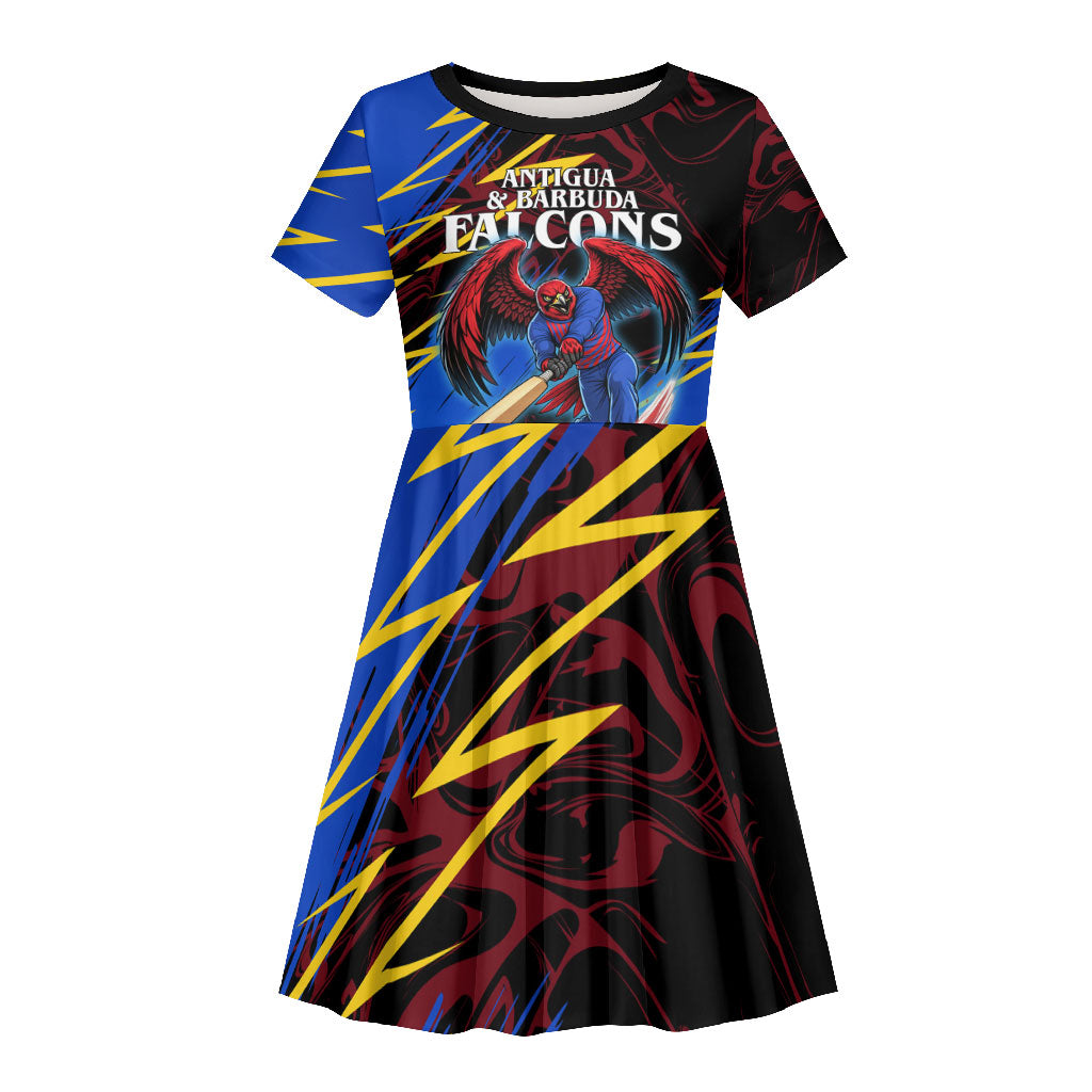 Personalized Antigua And Barbuda Cricket Kid Short Sleeve Dress Falcons Caribbean Lightning Abstract Graphic