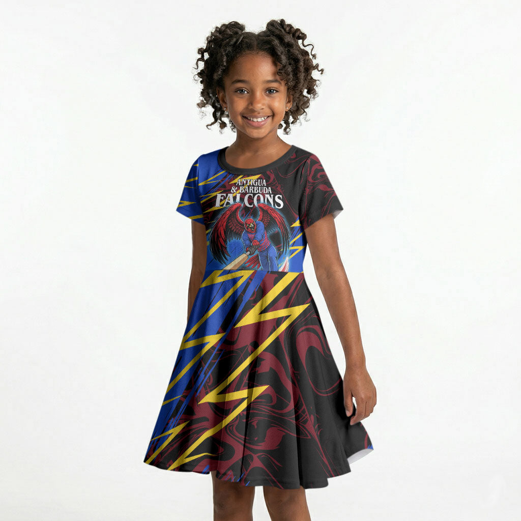 Personalized Antigua And Barbuda Cricket Kid Short Sleeve Dress Falcons Caribbean Lightning Abstract Graphic