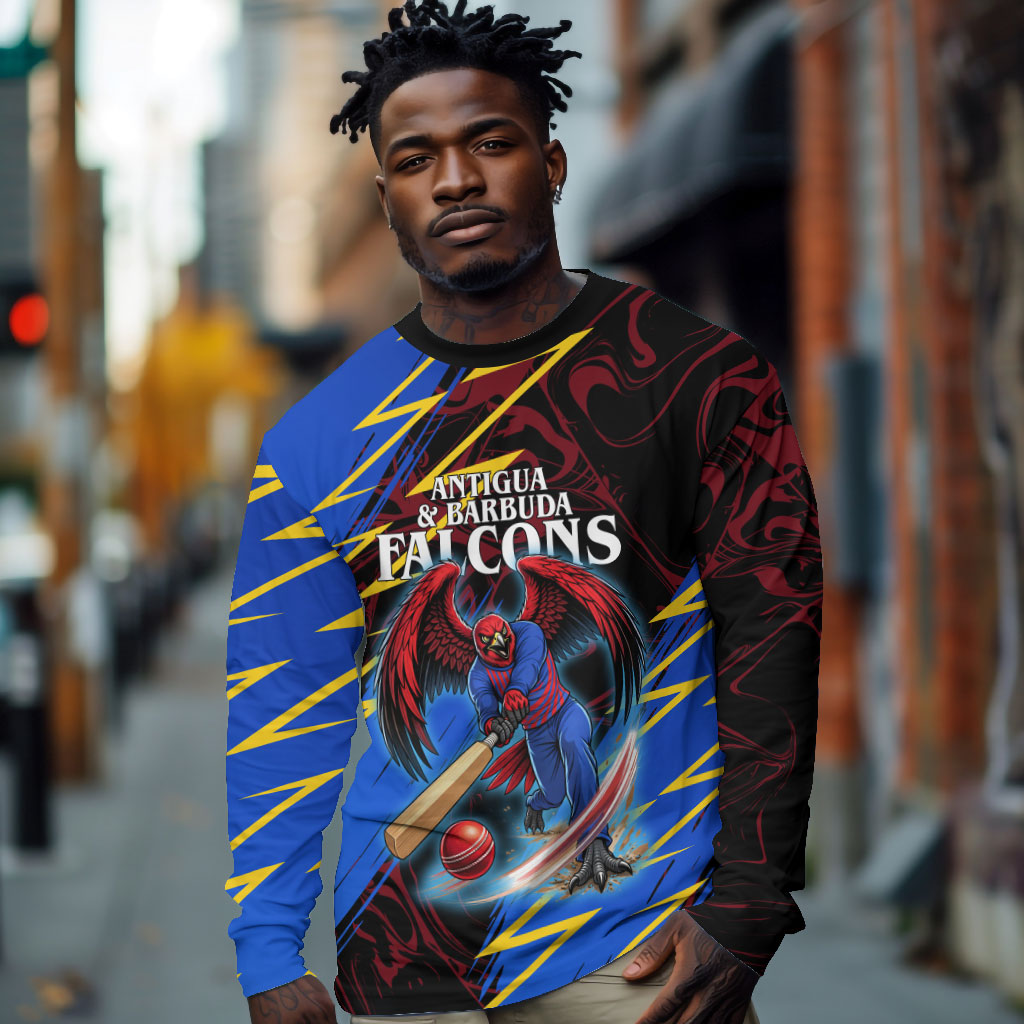 Personalized Antigua And Barbuda Cricket Long Sleeve Shirt Falcons Caribbean Lightning Abstract Graphic