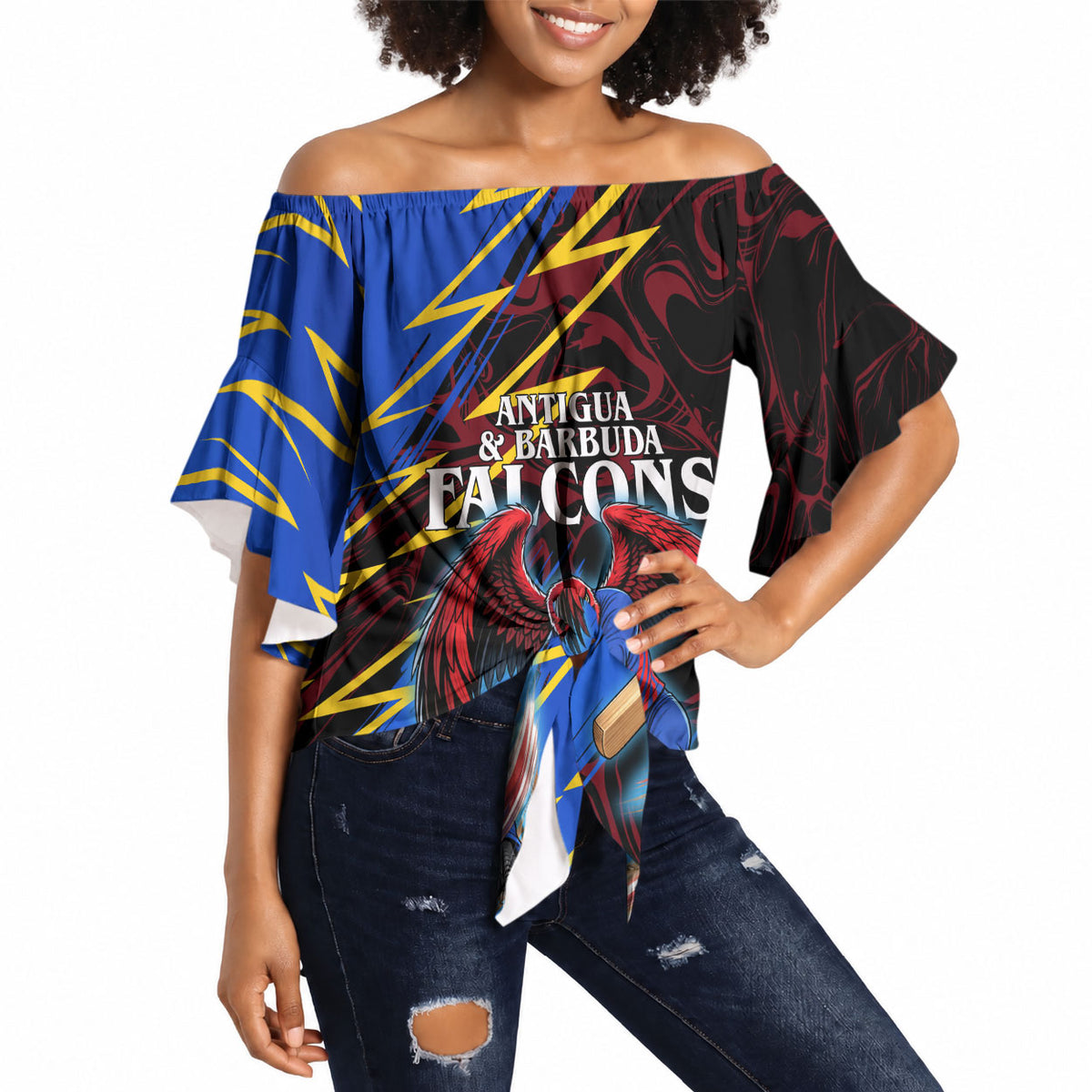 Personalized Antigua And Barbuda Cricket Off Shoulder Wrap Waist Top Falcons Caribbean Lightning Abstract Graphic