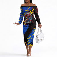 Personalized Antigua And Barbuda Cricket Off The Shoulder Long Sleeve Dress Falcons Caribbean Lightning Abstract Graphic