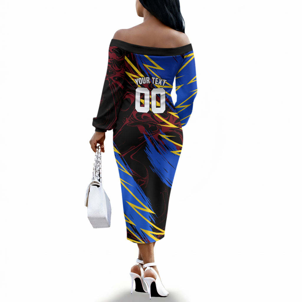 Personalized Antigua And Barbuda Cricket Off The Shoulder Long Sleeve Dress Falcons Caribbean Lightning Abstract Graphic