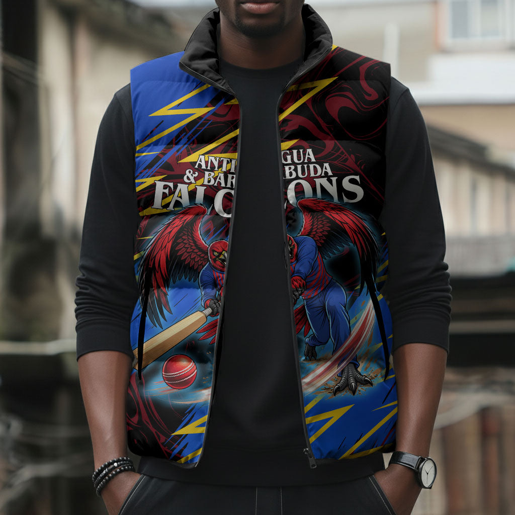 Personalized Antigua And Barbuda Cricket Sleeveless Puffer Jacket Falcons Caribbean Lightning Abstract Graphic