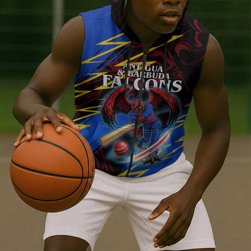 Personalized Antigua And Barbuda Cricket Sleeveless Zip Hoodie Falcons Caribbean Lightning Abstract Graphic