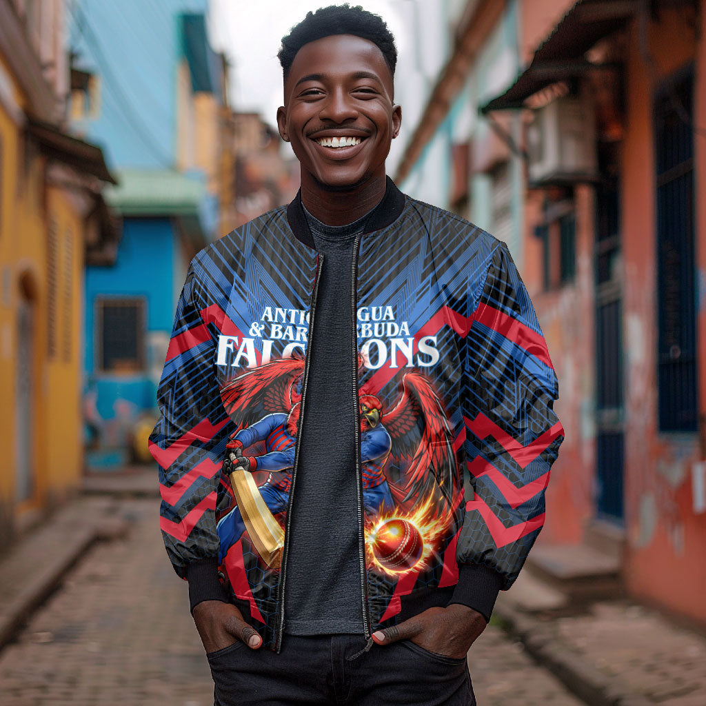 Personalized Antigua And Barbuda Cricket Falcons Bomber Jacket Abstract Hexagon Pattern Sport
