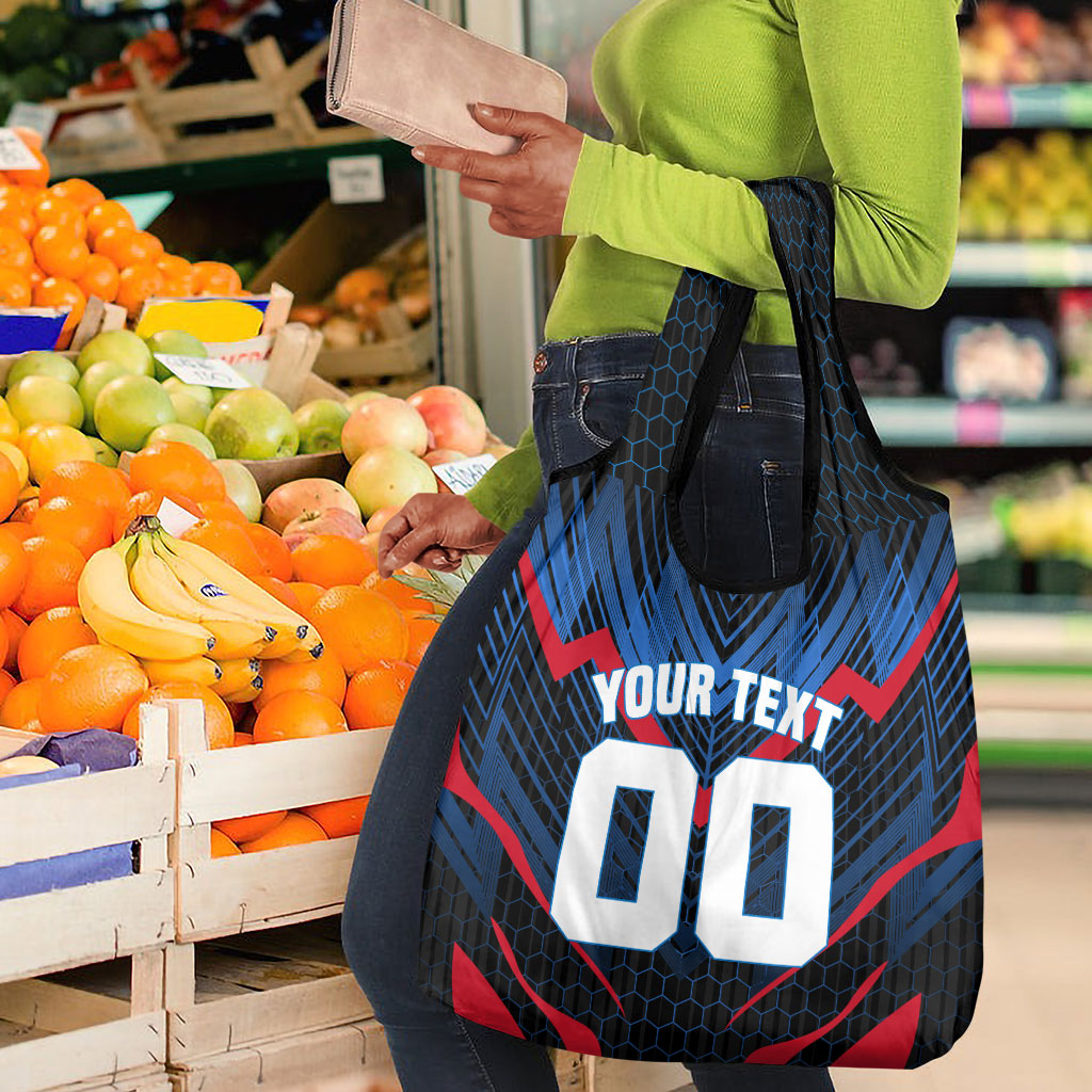 Personalized Antigua And Barbuda Cricket Falcons Grocery Bag Abstract Hexagon Pattern Sport