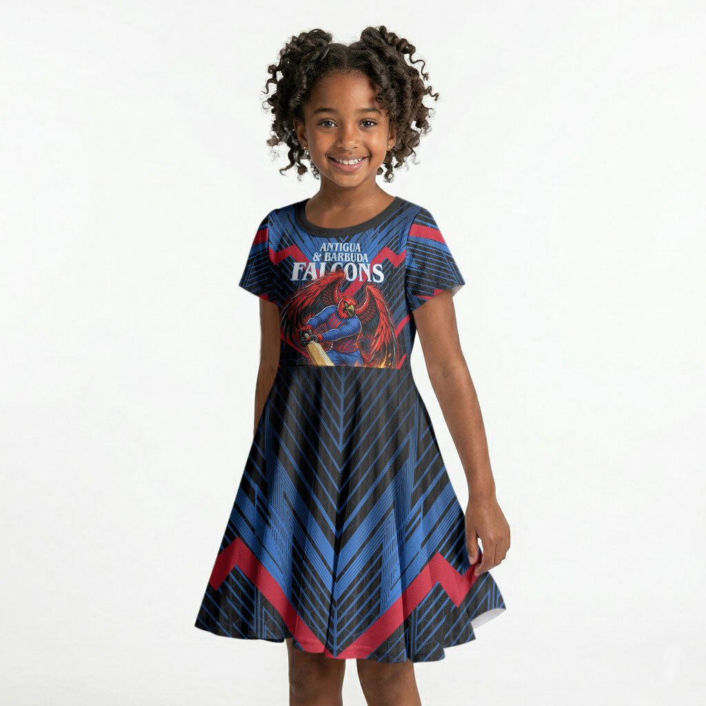 Personalized Antigua And Barbuda Cricket Falcons Kid Short Sleeve Dress Abstract Hexagon Pattern Sport