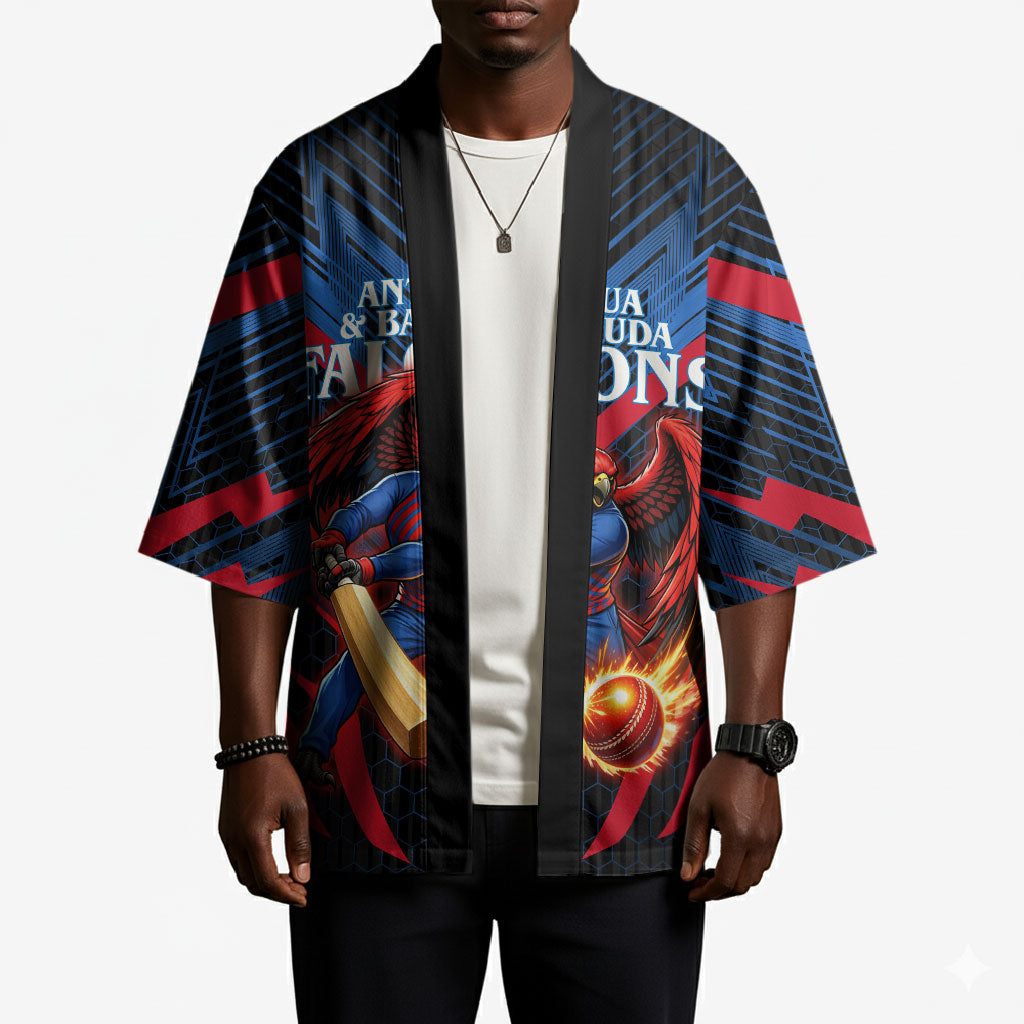 Personalized Antigua And Barbuda Cricket Falcons Kimono Abstract Hexagon Pattern Sport