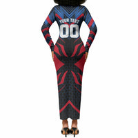 Personalized Antigua And Barbuda Cricket Falcons Long Sleeve Bodycon Dress Abstract Hexagon Pattern Sport