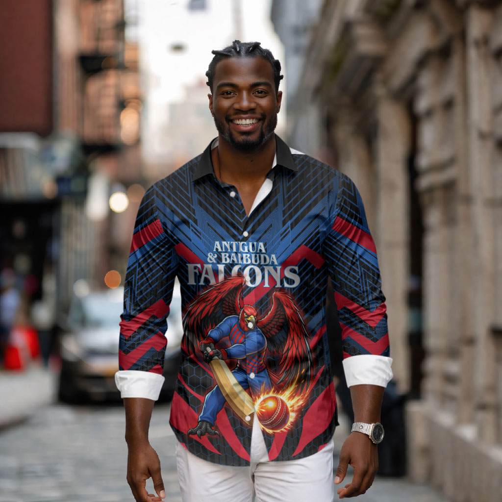 Personalized Antigua And Barbuda Cricket Falcons Long Sleeve Button Shirt Abstract Hexagon Pattern Sport