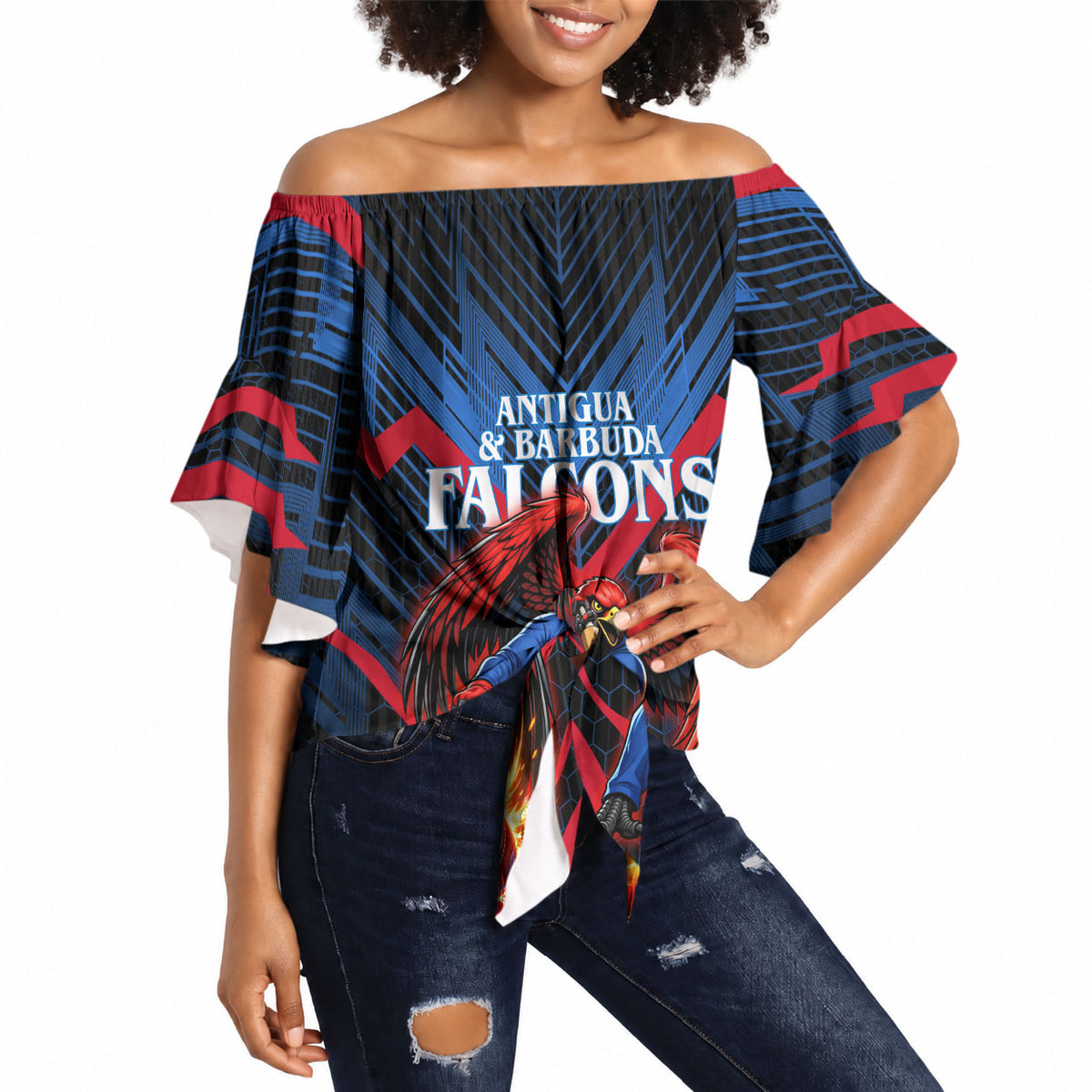 Personalized Antigua And Barbuda Cricket Falcons Off Shoulder Wrap Waist Top Abstract Hexagon Pattern Sport