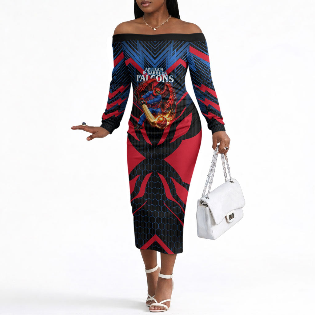 Personalized Antigua And Barbuda Cricket Falcons Off The Shoulder Long Sleeve Dress Abstract Hexagon Pattern Sport