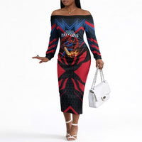 Personalized Antigua And Barbuda Cricket Falcons Off The Shoulder Long Sleeve Dress Abstract Hexagon Pattern Sport
