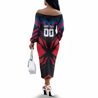 Personalized Antigua And Barbuda Cricket Falcons Off The Shoulder Long Sleeve Dress Abstract Hexagon Pattern Sport