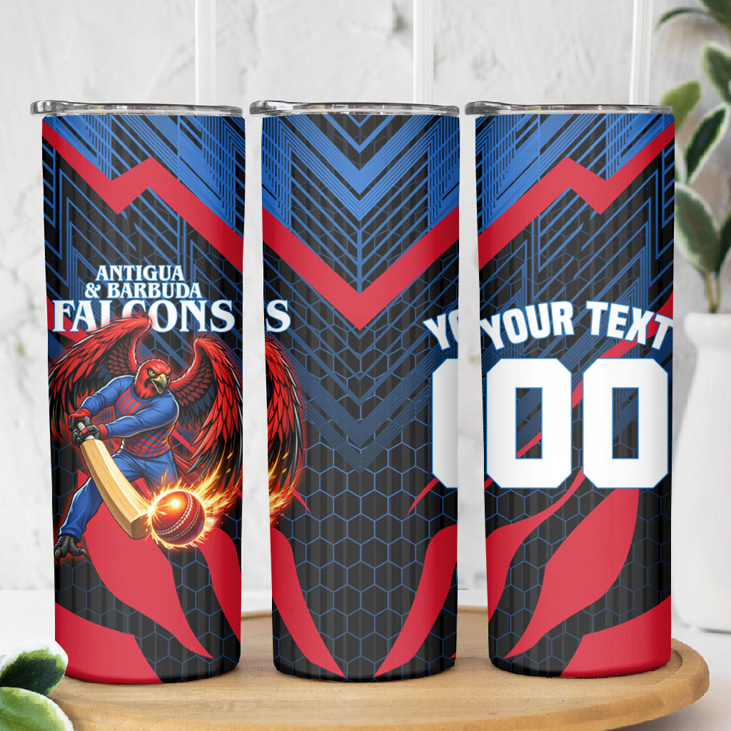 Personalized Antigua And Barbuda Cricket Falcons Skinny Tumbler Abstract Hexagon Pattern Sport