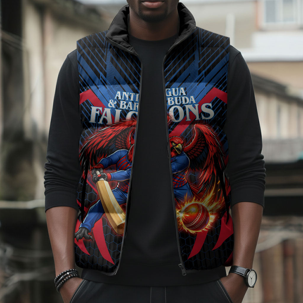 Personalized Antigua And Barbuda Cricket Falcons Sleeveless Puffer Jacket Abstract Hexagon Pattern Sport