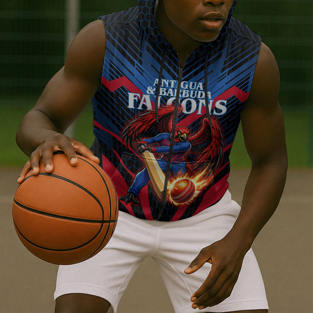 Personalized Antigua And Barbuda Cricket Falcons Sleeveless Zip Hoodie Abstract Hexagon Pattern Sport