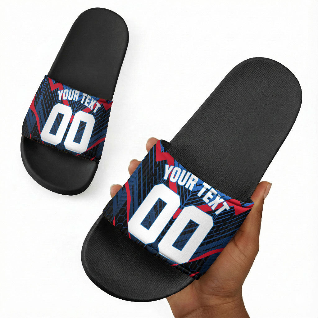 Personalized Antigua And Barbuda Cricket Falcons Slide Sandals Abstract Hexagon Pattern Sport