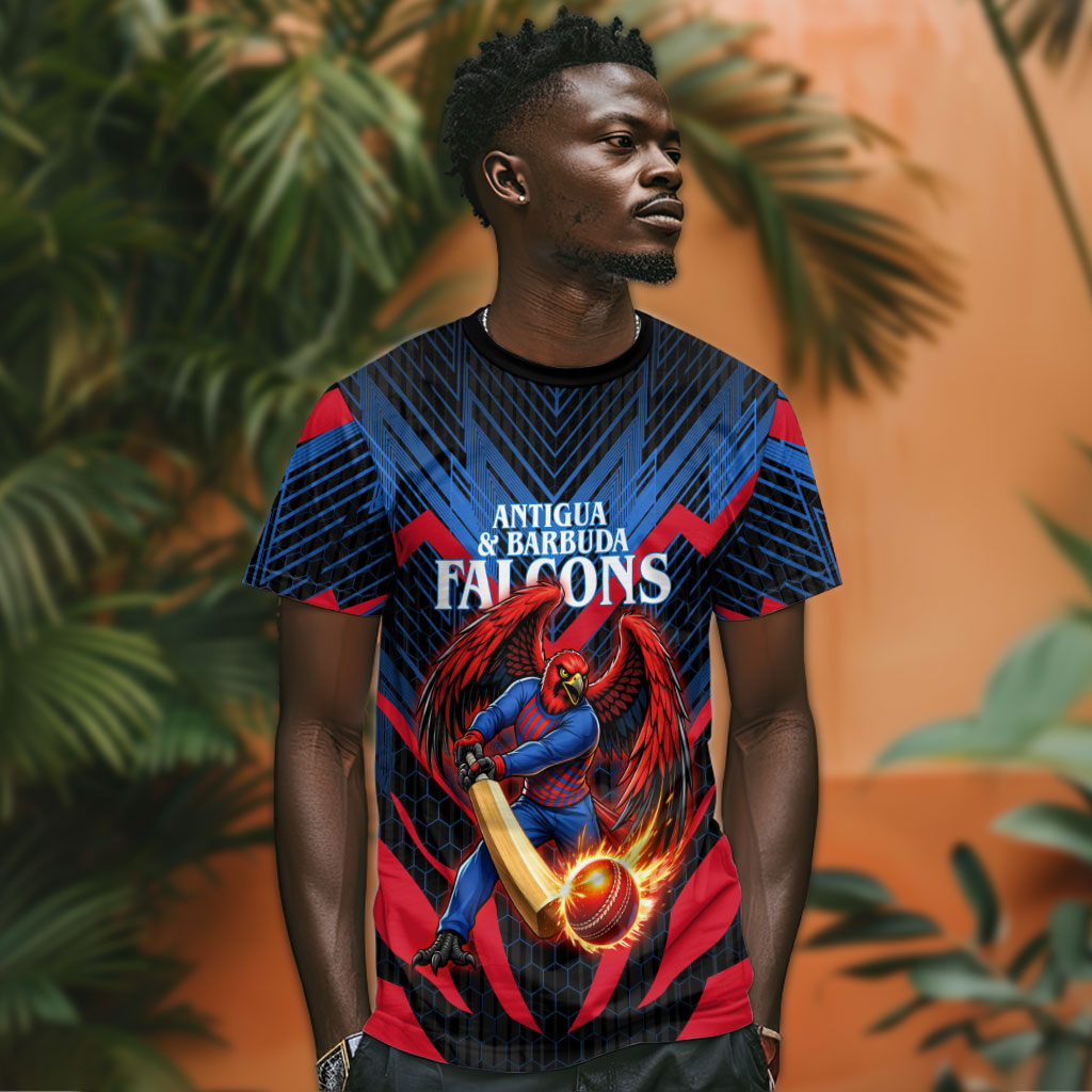 Personalized Antigua And Barbuda Cricket Falcons T shirt Abstract Hexagon Pattern Sport