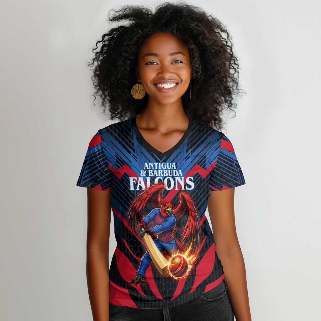 Personalized Antigua And Barbuda Cricket Falcons Women V-Neck T-Shirt Abstract Hexagon Pattern Sport