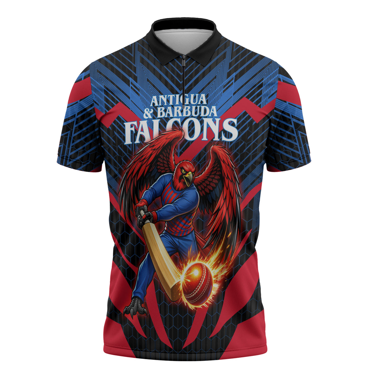 Personalized Antigua And Barbuda Cricket Falcons Zipper Polo Shirt Abstract Hexagon Pattern Sport