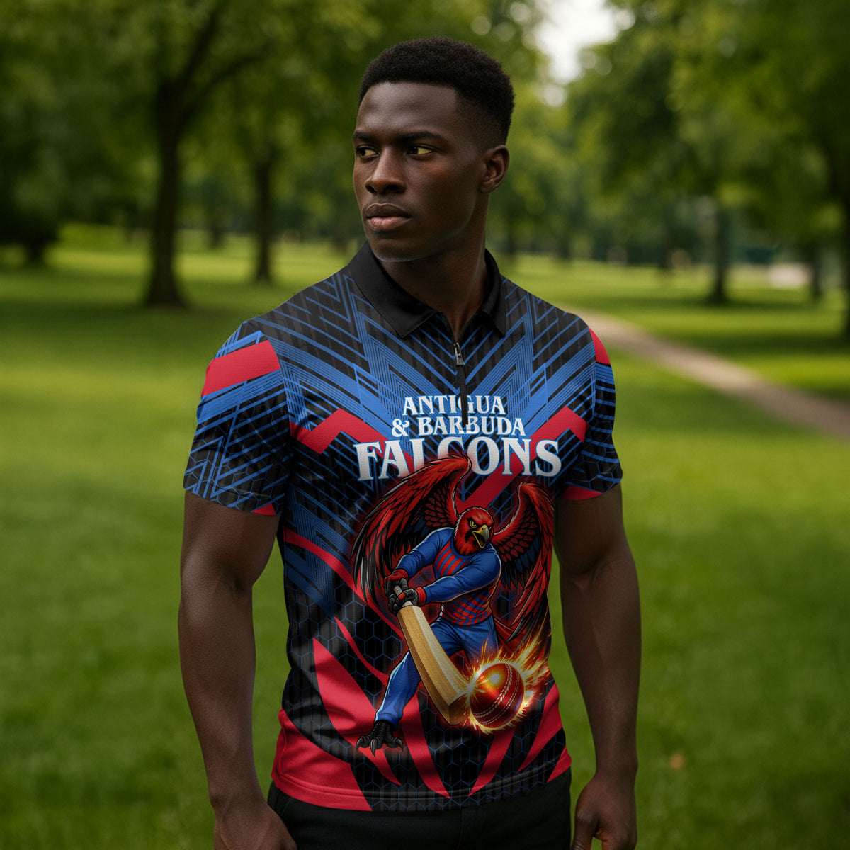 Personalized Antigua And Barbuda Cricket Falcons Zipper Polo Shirt Abstract Hexagon Pattern Sport