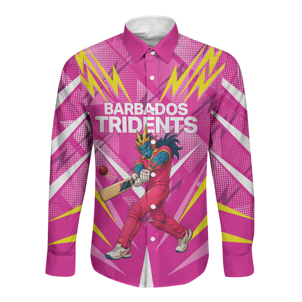 Personalized Barbados Tridents Long Sleeve Button Shirt Cricket Mascot Dynamic Anime Art