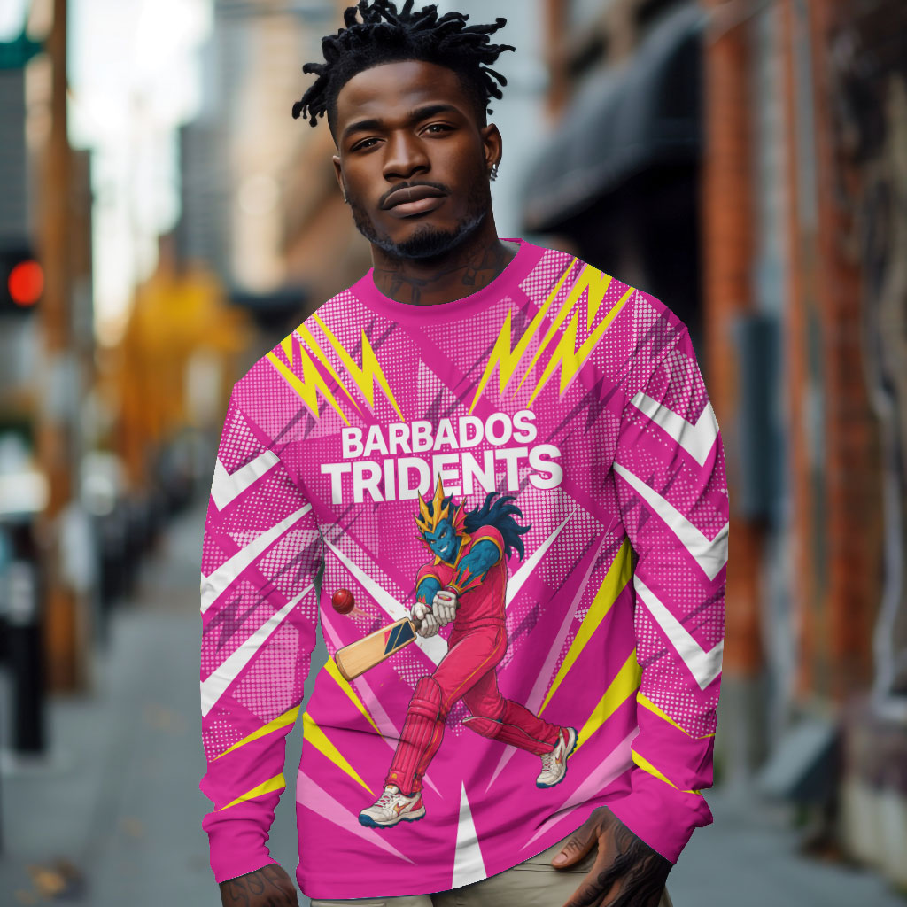 Personalized Barbados Tridents Long Sleeve Shirt Cricket Mascot Dynamic Anime Art
