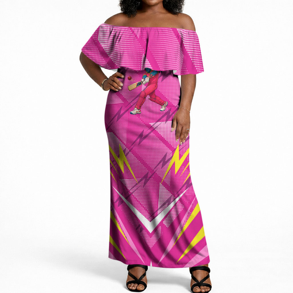 Personalized Barbados Tridents Off Shoulder Maxi Dress Cricket Mascot Dynamic Anime Art