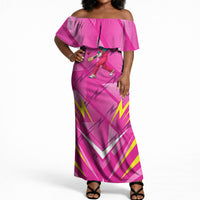 Personalized Barbados Tridents Off Shoulder Maxi Dress Cricket Mascot Dynamic Anime Art