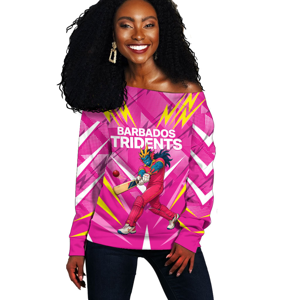 Personalized Barbados Tridents Off Shoulder Sweater Cricket Mascot Dynamic Anime Art