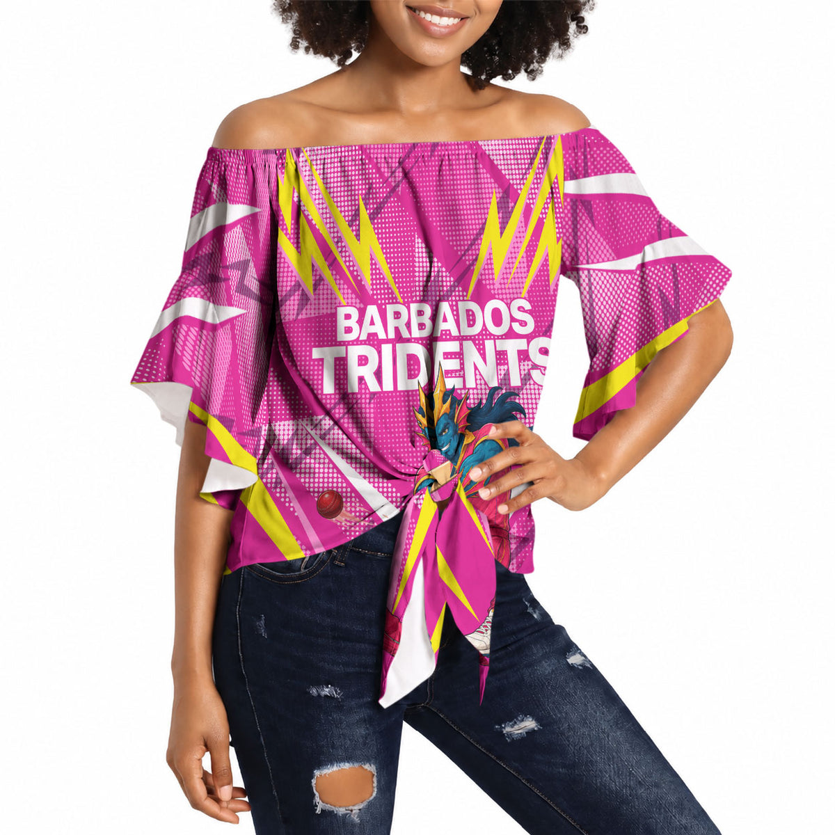 Personalized Barbados Tridents Off Shoulder Wrap Waist Top Cricket Mascot Dynamic Anime Art