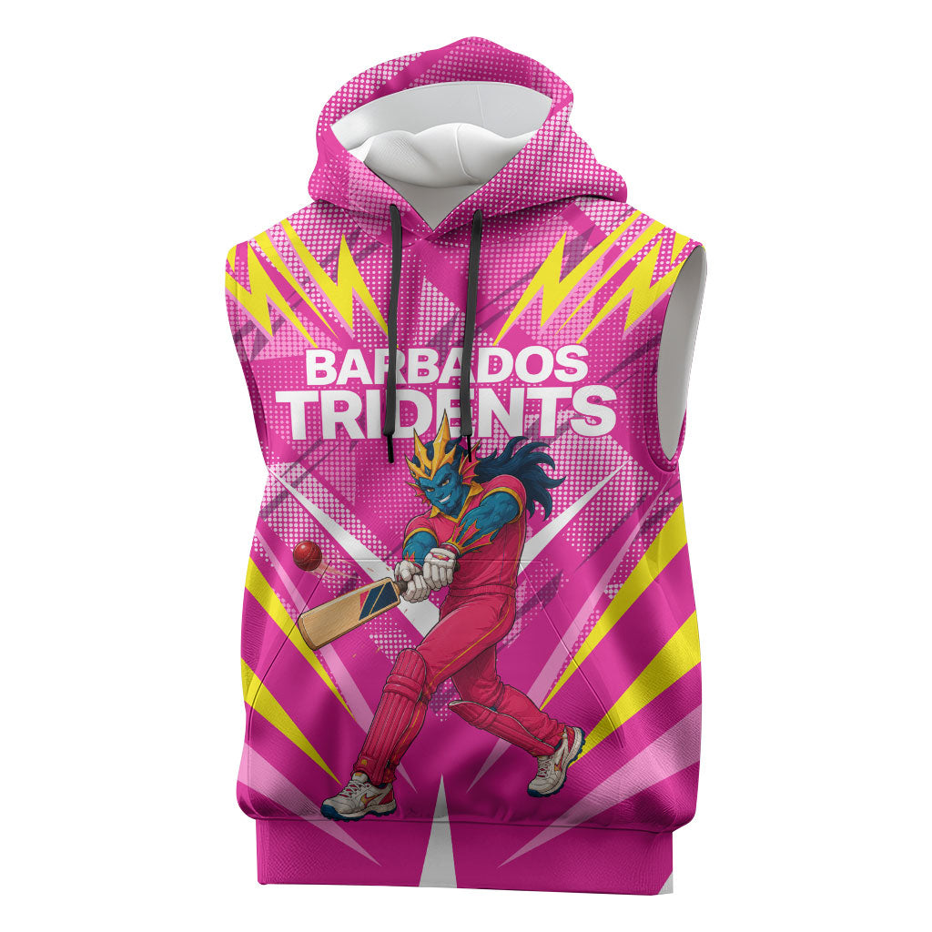 Personalized Barbados Tridents Sleeveless Hoodie Cricket Mascot Dynamic Anime Art