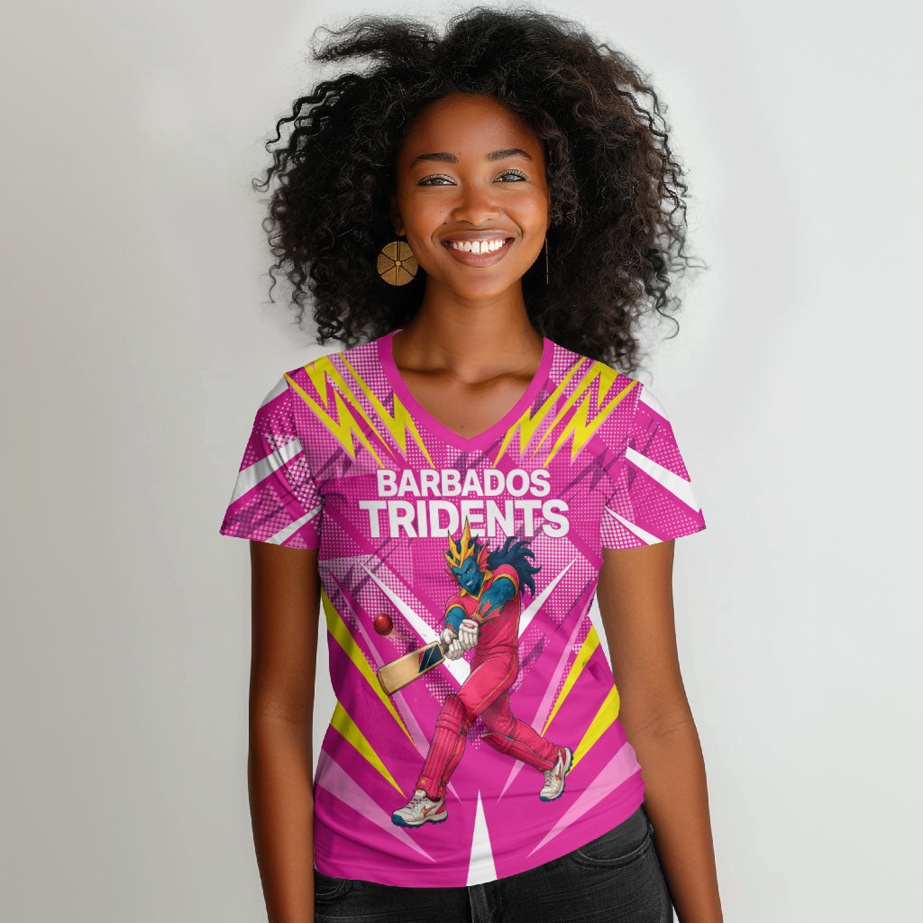 Personalized Barbados Tridents Women V-Neck T-Shirt Cricket Mascot Dynamic Anime Art