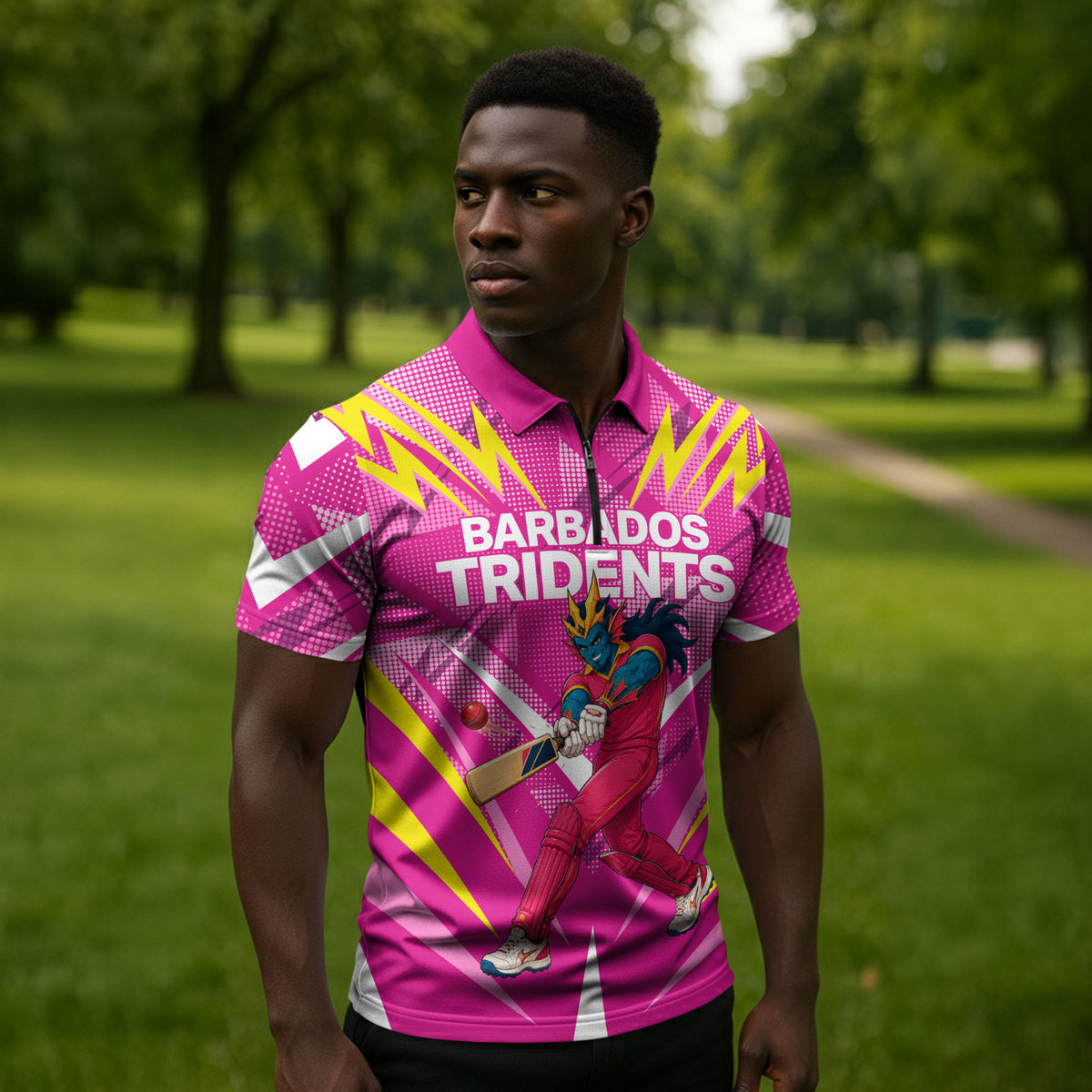 Personalized Barbados Tridents Zipper Polo Shirt Cricket Mascot Dynamic Anime Art