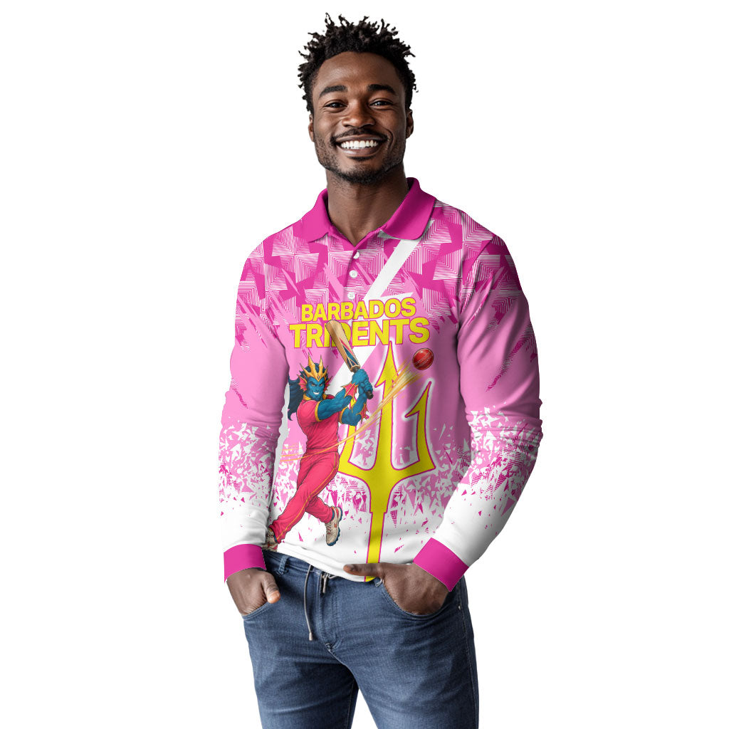 Personalized Barbados Tridents Cricket Long Sleeve Polo Shirt Trident Graphic Splash Pattern Caribbean Sport