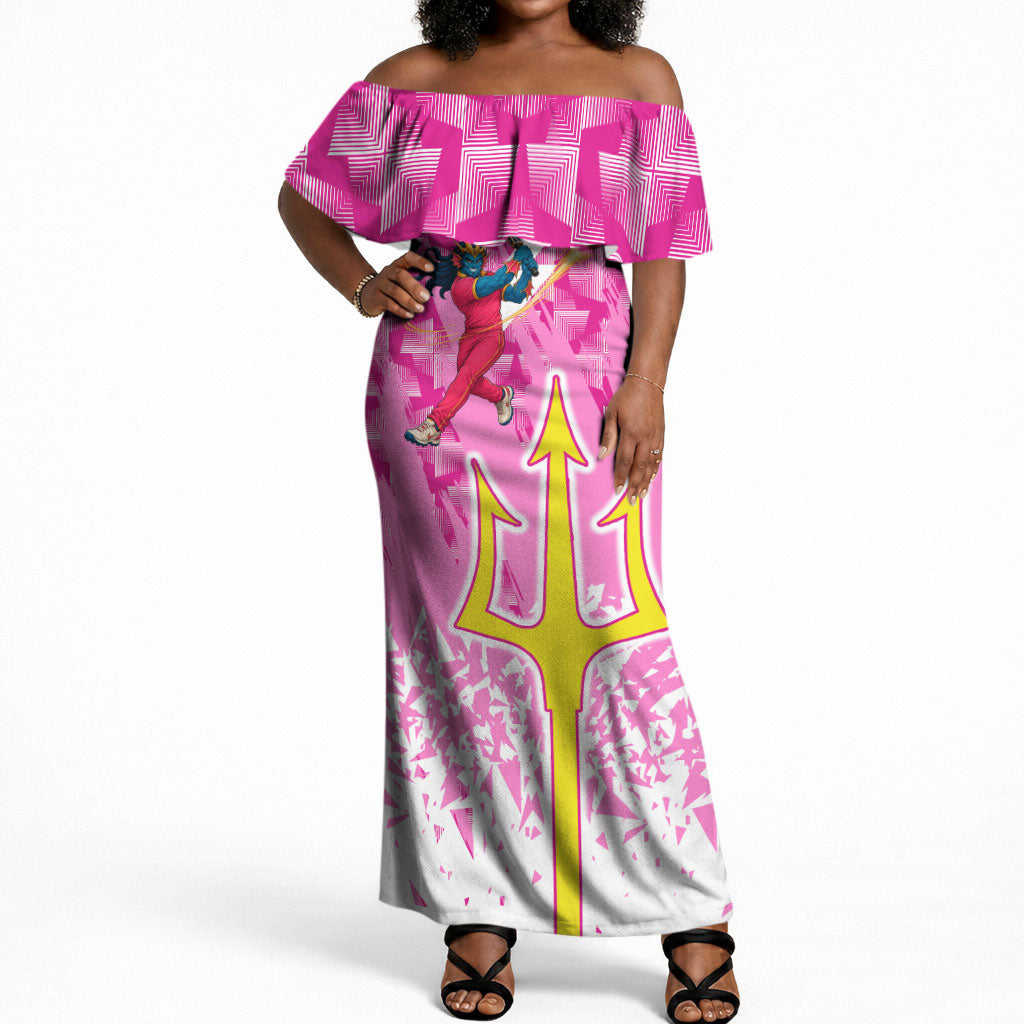 Personalized Barbados Tridents Cricket Off Shoulder Maxi Dress Trident Graphic Splash Pattern Caribbean Sport