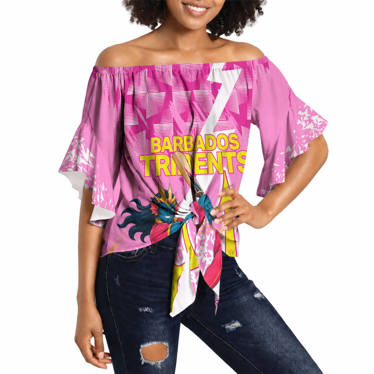 Personalized Barbados Tridents Cricket Off Shoulder Wrap Waist Top Trident Graphic Splash Pattern Caribbean Sport