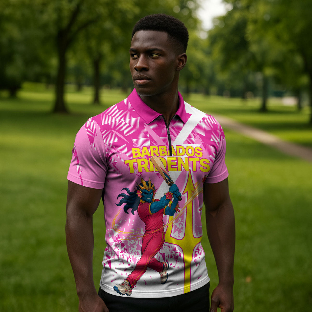 Personalized Barbados Tridents Cricket Zipper Polo Shirt Trident Graphic Splash Pattern Caribbean Sport