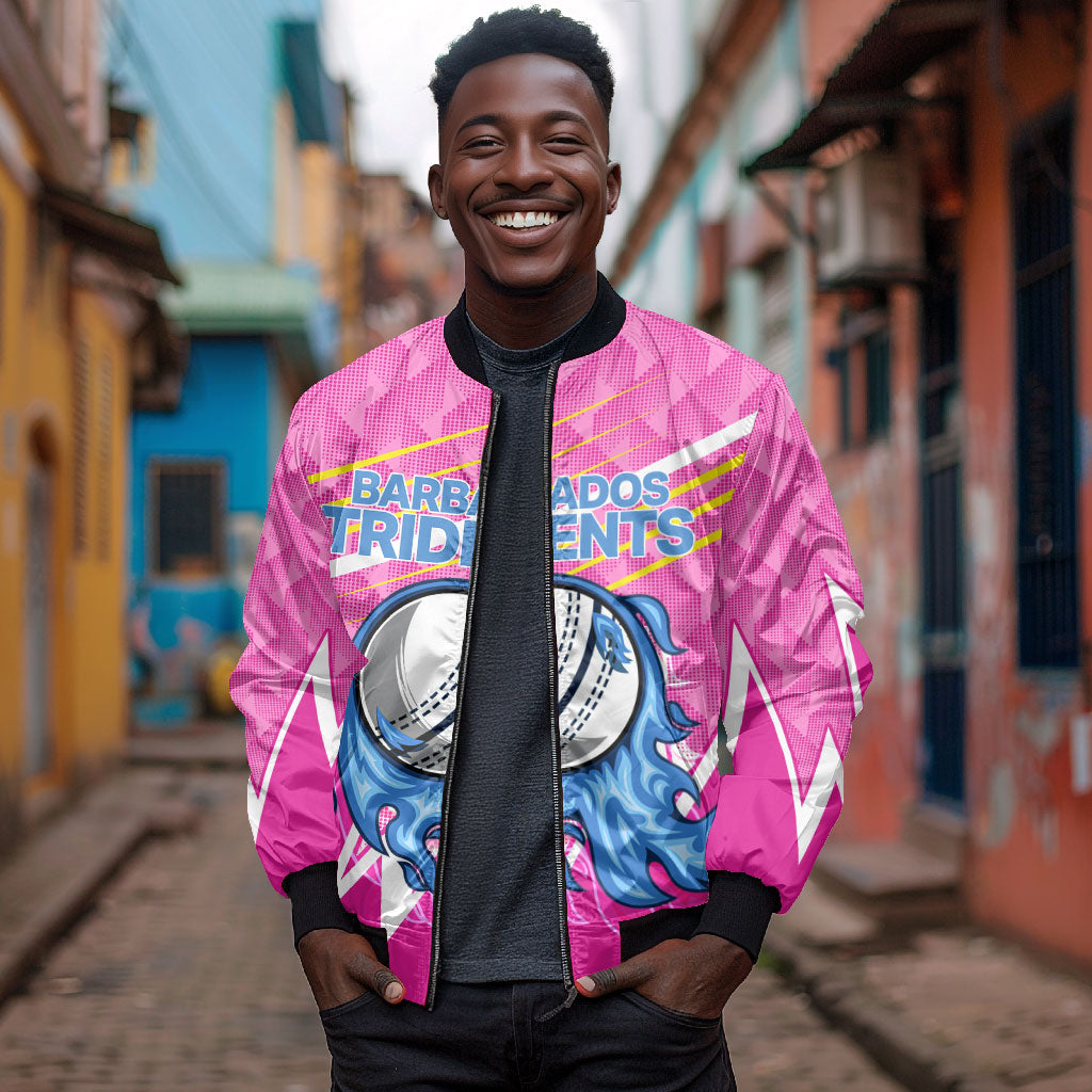 Personalized Barbados Cricket Tridents Bomber Jacket Graphic Geometric Dynamic Sports Mascot