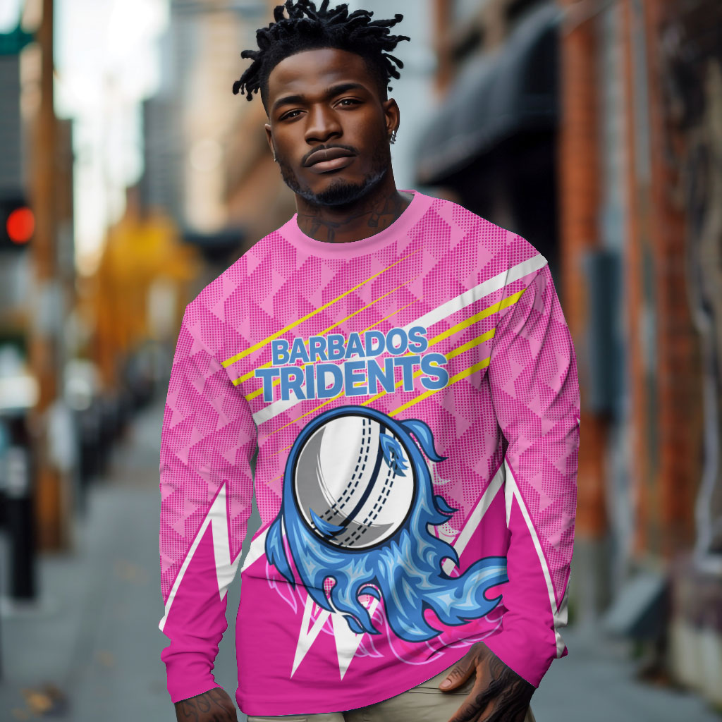 Personalized Barbados Cricket Tridents Long Sleeve Shirt Graphic Geometric Dynamic Sports Mascot