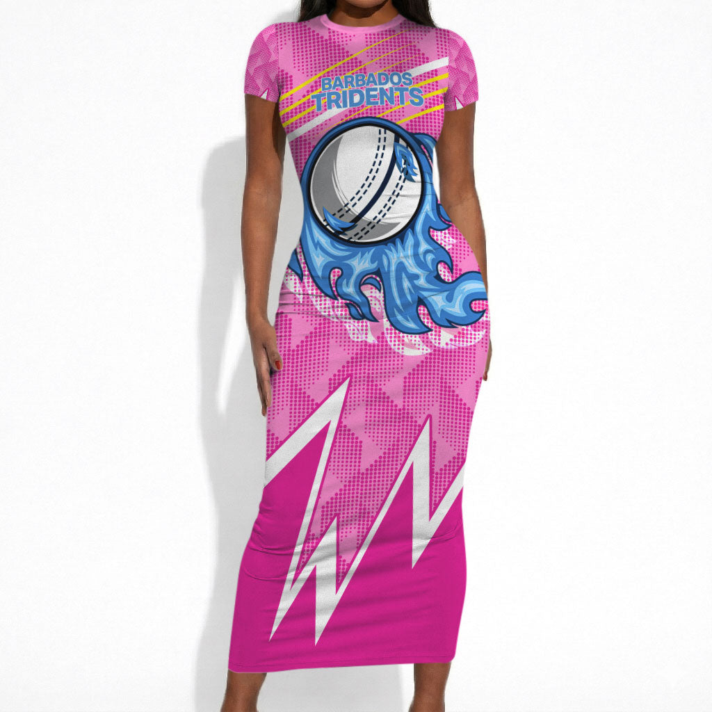 Personalized Barbados Cricket Tridents Short Sleeve Bodycon Dress Graphic Geometric Dynamic Sports Mascot