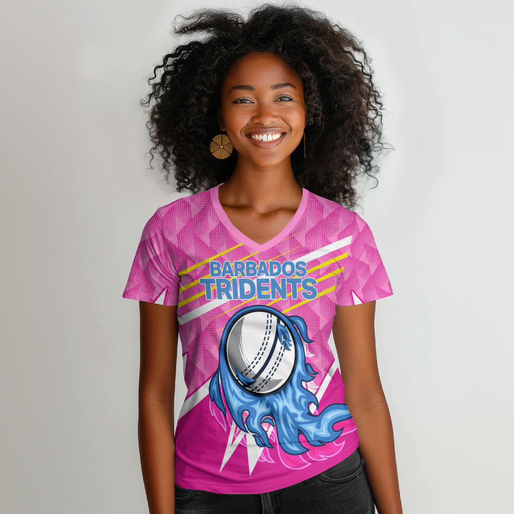 Personalized Barbados Cricket Tridents Women V-Neck T-Shirt Graphic Geometric Dynamic Sports Mascot