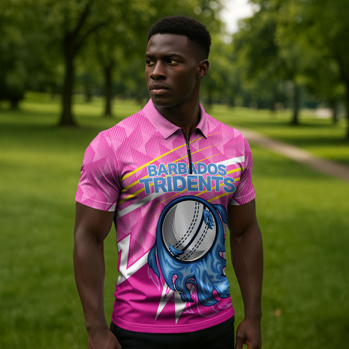 Personalized Barbados Cricket Tridents Zipper Polo Shirt Graphic Geometric Dynamic Sports Mascot