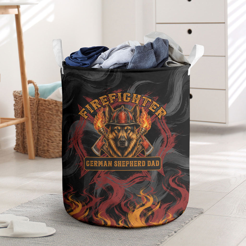 Firefighter German Shepherd Dad Laundry Basket Vintage Fire Flames Sunset City Skyline - Always By My Side