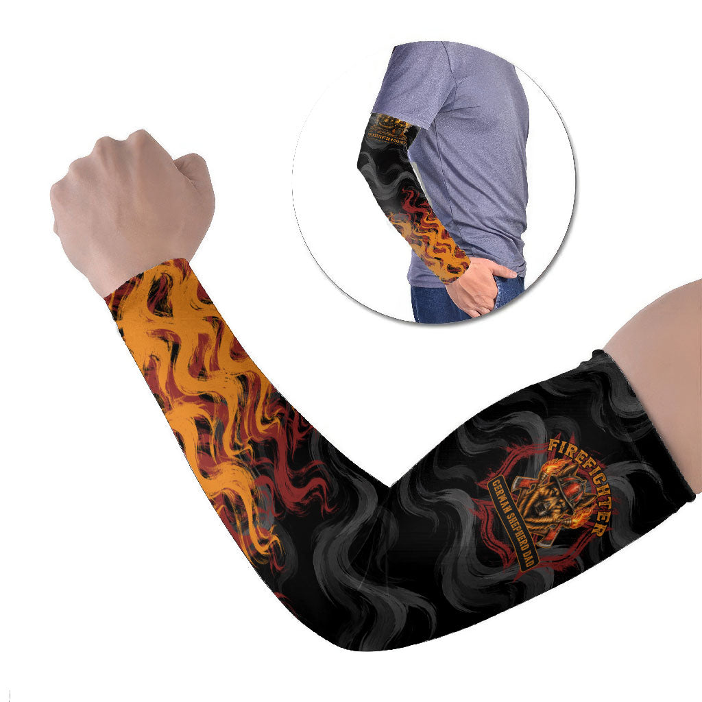 Firefighter German Shepherd Dad Arm Sleeves Vintage Fire Flames Sunset City Skyline - Always By My Side