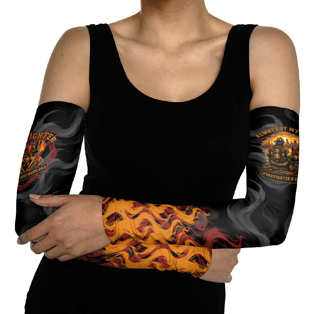 Firefighter German Shepherd Dad Arm Sleeves Vintage Fire Flames Sunset City Skyline - Always By My Side